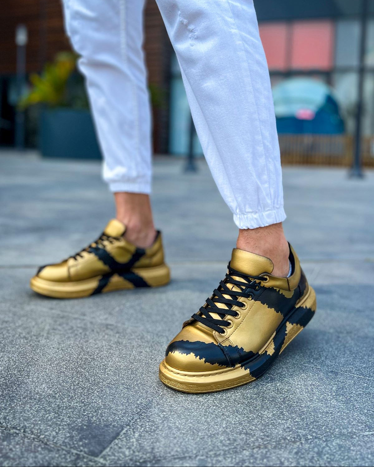 Hand-Painted Customized Sneakers for Men by Apollo Moda | Genova Gold & Black