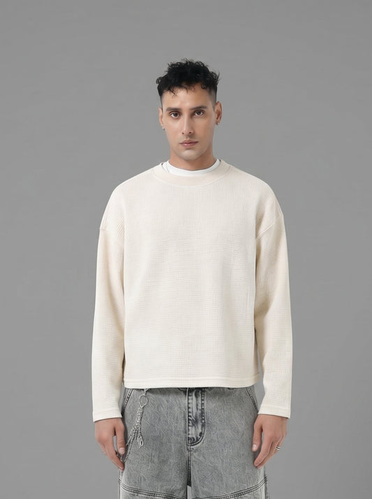Waffle Knit Cropped Crewneck Long-Sleeve