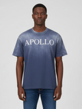 Person wearing a blue t-shirt with 'APOLLO' text on a plain background