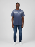 Person wearing a blue t-shirt with 'APOLLO' text and jeans on a white background