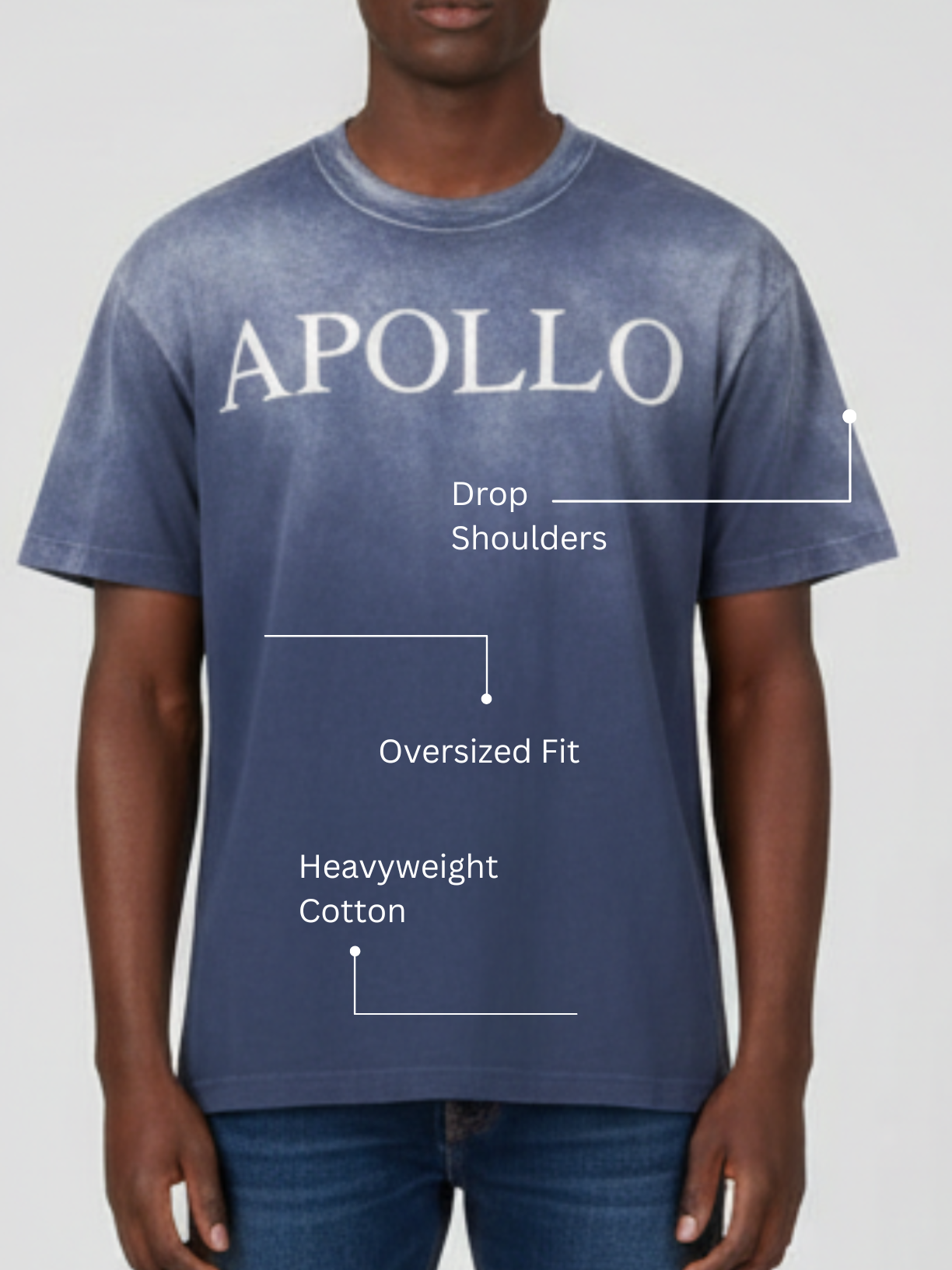 Person wearing a blue t-shirt with 'APOLLO' branding and text about shirt features.