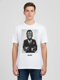 Person wearing a white t-shirt with a graphic design and 'apollo' branding.