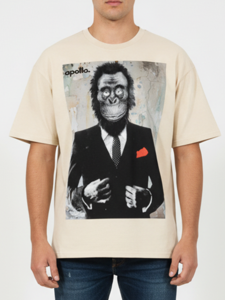 T-shirt with a graphic of a monkey in a suit on a plain background