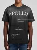 Person wearing a black t-shirt with 'APOLLO' branding and text about shirt features.