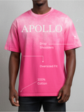 Person wearing a pink t-shirt with 'APOLLO' branding and text about shirt features on a gray background