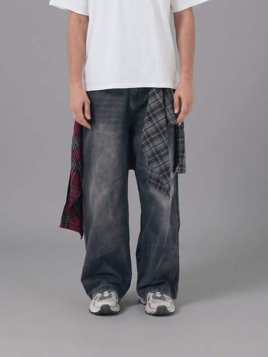 Plaid Overskirt Washed Straight-Leg Denim Jeans
