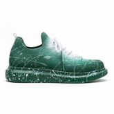 Side view of green knit Torino Green Peak White Mesh sneakers with white gradient and hand-painted splatter detailing.