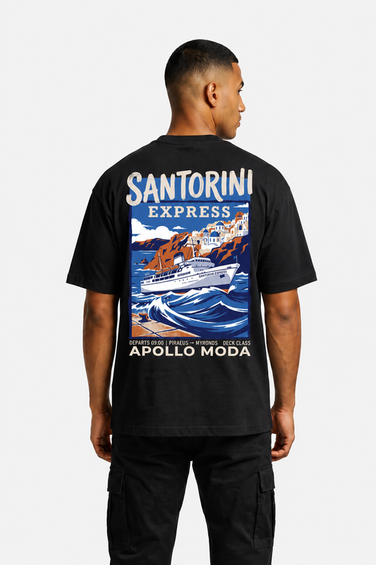 Camiseta gráfica oversize Santorini Express — Negra