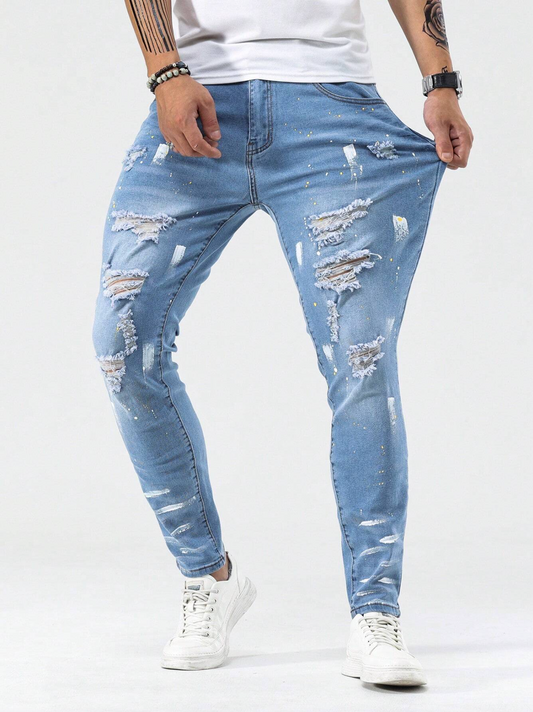 Men Cotton Ripped Frayed Skinny Jeans