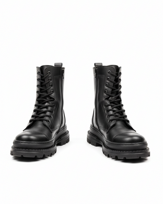 Front view of Orion Black Combat Boots by Apollo Moda in smooth black leather with lace-up front and thick treaded sole.