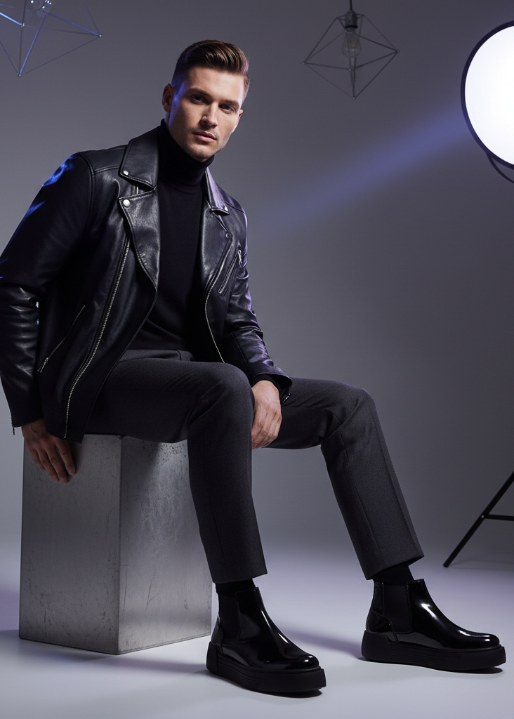 Man wearing Avalon Patent Onyx Chelsea Apollo boots with leather jacket in a studio setting.