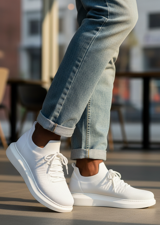 White Torino white sneakers worn with rolled-up jeans on a blurred background