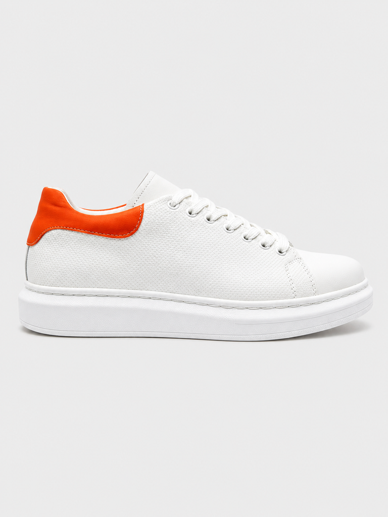 Men's White Platform Sneakers with Orange Contrast Heel, Made of
